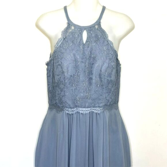 AZAZIE DUSTY BLUE LACE & CHIFFON FORMAL KEYHOLE HALTER TOP BRIDESMAID MOB MOG - Picture 2 of 12